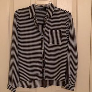 Long Sleeve, Navy Striped Button-down Blouse